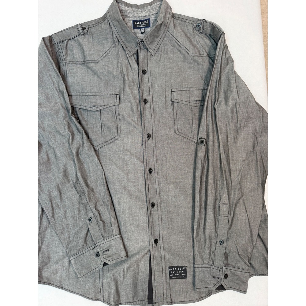 Marc Ecko Cut & Sew Mens XXL Gray Button Down Military Shirt Epaulets 68L05225